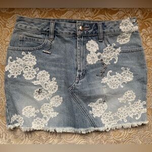 Karen Millen Blue Denim Skirt with White Floral Design